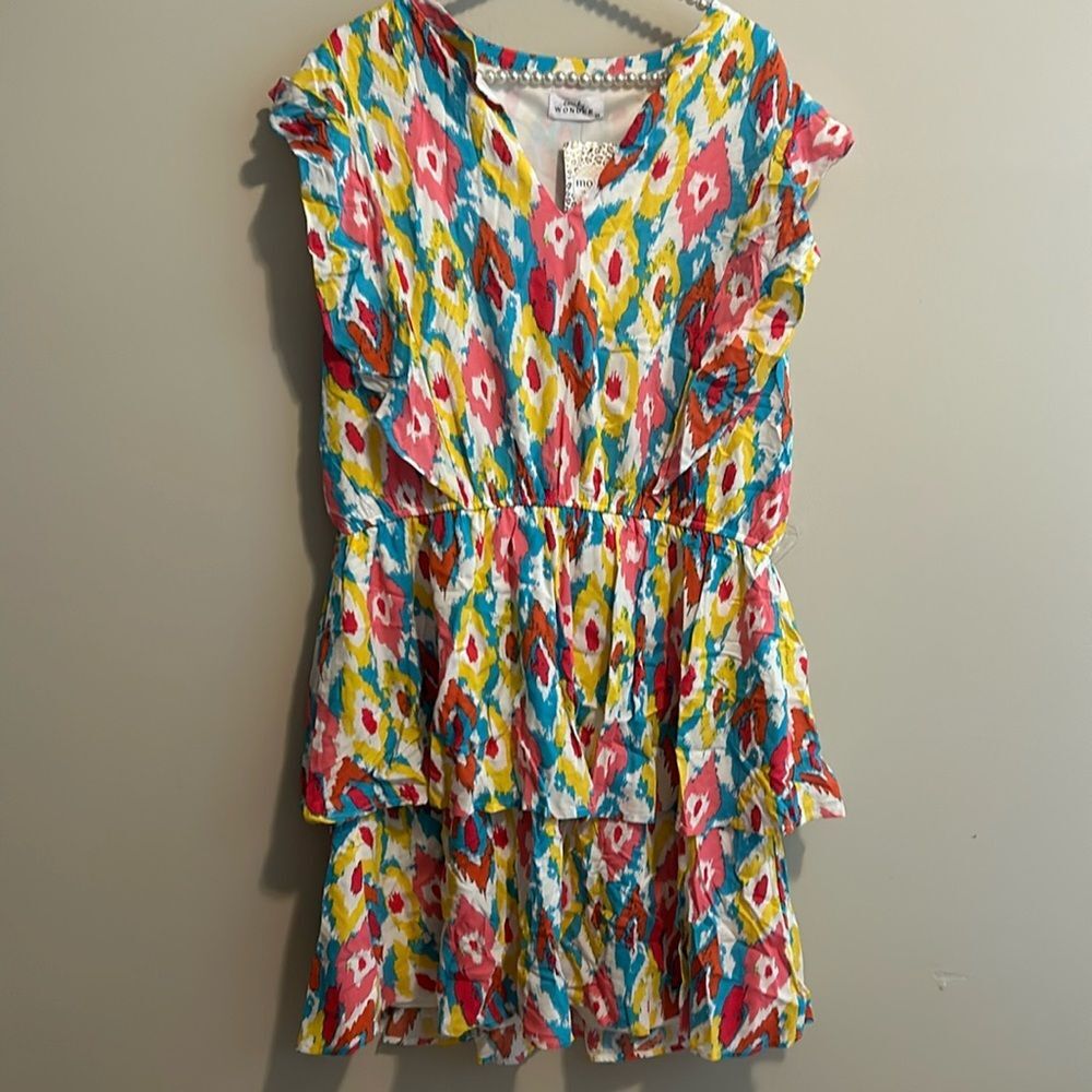 NEW Emily Wonder Abstract Ikat Print Tiered Mini Dress 2X Plus Rayon Colorful